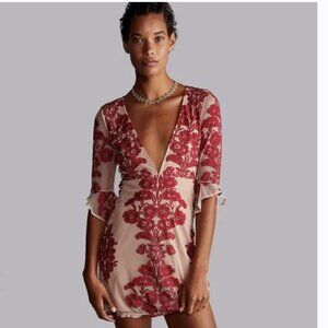 NWT For Love & Lemons Temecula Embroidered V Neck Mini Dress in Barberry